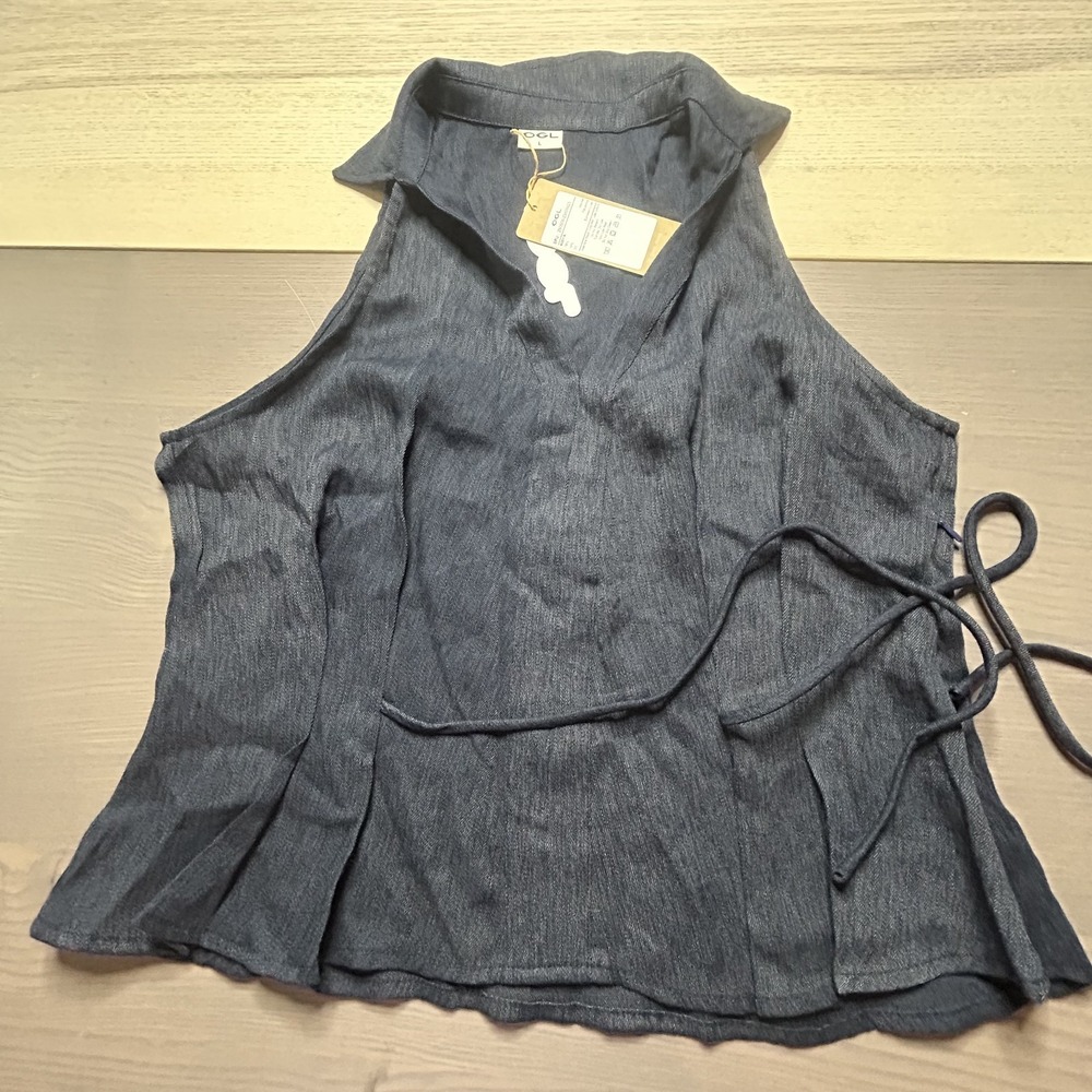 OGL Top Women Large Navy Halter Neck Peplum Top V-Neck Feminine Pleated